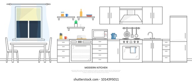 Kitchen with furniture. Kitchen interior with table, stove, cupboard, dishes and fridge. Flat style vector illustration.