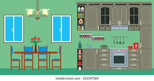 Kitchen furniture. Interior. vector