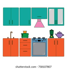 Kitchen furniture and kitchenware icons. Isolated vector illustrations on white background. Kitchen cabinet, toaster, coffee pot, tea pot, kitchen sink, gas oven. 