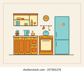 Kitchen with furniture in linear style. Flat line style vector illustration.