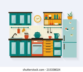 Kitchen with furniture and long shadows. Flat style vector illustration.