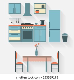 Kitchen with furniture and long shadows. Flat style vector illustration.
