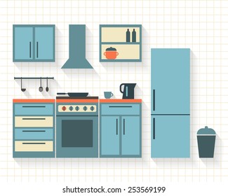 Kitchen with furniture and long shadows. Flat style vector illustration.