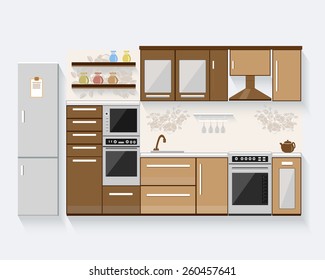 Kitchen with furniture and long shadows. Flat modern design vector illustration