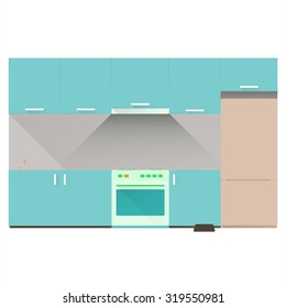 Kitchen furniture. Pantry with stove, refrigerator, hood along the walls tiled. The kitchen in a trendy flat style. Stock vector.