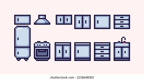 Kitchen furniture pixel art set. Interior equipment collection. Oven, fridge and sink. 8 bit sprite. Game development, mobile app.  Isolated vector illustration.