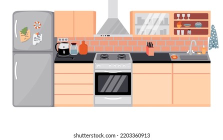 Cocina con muebles, frigorífico, cocina de gas y fregadero aislados de fondo blanco.Interior acogedor con vajilla, jarras, hervidor eléctrico, tabla de cortar, cuchillos, imanes y notas.Vector de dibujos planos.