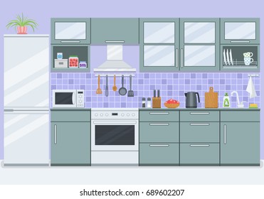 Kitchen with furniture, refrigerator and stove in flat style. Vector illustration