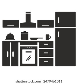 kitchen furniture, refrigerator and kitchen utensils icon, flat vector illustration on a white background