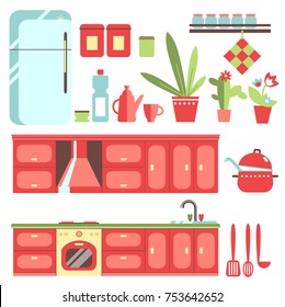 Kitchen furniture set. Cozy kitchen interior details. Stove, cupboard, dishes, fridge, houseplants. Flat elegant style vector illustration. 