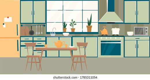 Kitchen with furniture set. Cozy room interior with table, chair, plant and dishes. Flat style vector illustration.
