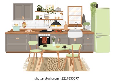 Kitchen with furniture set. Cozy room interior with table, stove, cupboard and dishes. Flat style vector illustration.