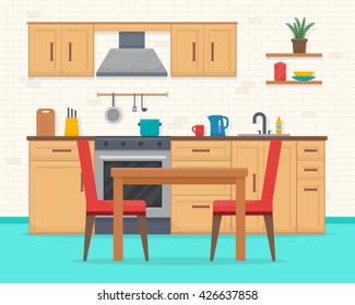 Kitchen With Furniture Set. Cozy Room Interior With Table, Stove, Cupboard And Dishes. Flat Style Vector Illustration.