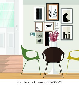 Kitchen with furniture set. Cozy room interior with table, stove, cupboard and dishes. Flat style vector illustration.