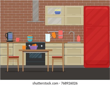 Kitchen with furniture set. Cozy room interior with table, stove, cupboard and dishes. Flat style vector illustration.
