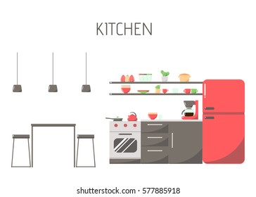 Kitchen with Furniture Set. Flat Vector Illustration.