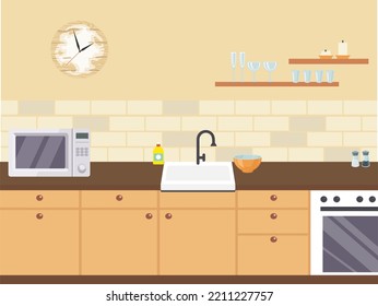 Kitchen with furniture set interior in brown tones. Kitchen utensils and appliances in the background tiles. Flat isolated illustration.Vector illustration