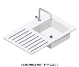 Kitchen furniture sink and tap with dish drying surface house plumbing isolated object vector washbasin interior design element and home convenience, square shape porcelain or ceramic domestic equipme