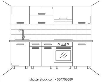 Kitchen furniture. Sketch in line style. Vector illustration. Plan kitchen.