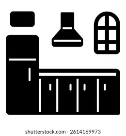 Kitchen furniture solid icon, house interior concept. Vector graphics. Drawers, refrigerator, hood, window sign on white background, glyph style mobile or design