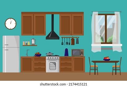 Kitchen furniture, table and chairs, stove and refrigerator. Interior with window. Vector illustration. For use in flyers, menus, covers and brochures, advertising posters.