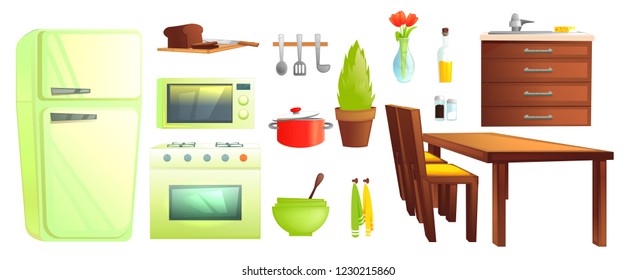 Kitchen furniture and tableware. Dishes and interior objects like microwave and fridge, saucepan, table with chairs, plant . Vector cartoon illustration 