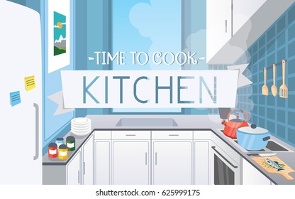 Kitchen with furniture. Time to cook. Cartoon vector illustration.