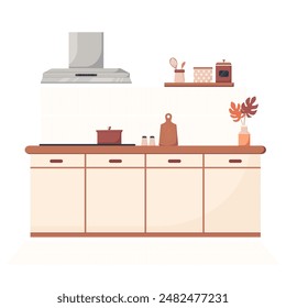 Kitchen furniture, trendy light kitchen in flat vector style, isolated on white background. Kitchen set including hood and kitchen accessories