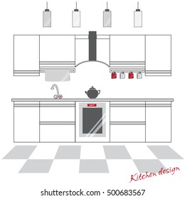 Kitchen with furniture and utensils. Kitchen front view in gray and red color . Stock vector. Flat design.
