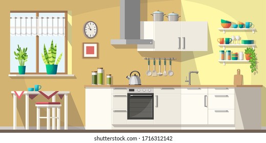 Kitchen with furniture and utensils. Vector illustration with separate layers.