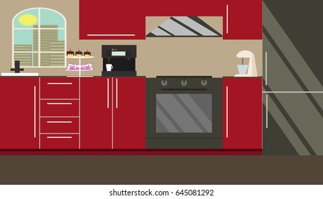 Kitchen furniture. Vector. Flat design. Flat style vector illustration of cute stylish kitchen.