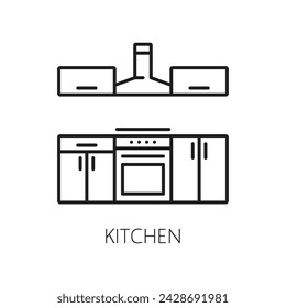 Kitchen furniture, vector hotel service line icon. Vector freezer with showcase and cooker desk. Kitchen interior line icon for web, mobile