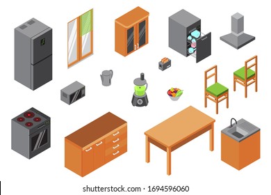 Muebles de cocina, ilustración vectorial. Constructora isométrica de electrodomésticos y equipos de cocina aislados en blanco. Planner interior de diseño 3d con nevera, fogones, lavavajillas y mesa.