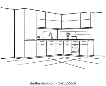 Kitchen Corner Sketch Modern Plan Interior Stock Vector (Royalty Free ...