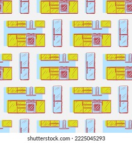 Kitchen furniture vector seamless pattern on white background