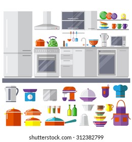 Kitchen with furniture.Flat style EPS 10 vector illustration. 