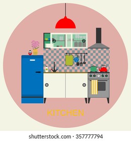 Kitchen with furniture.Vector flat illustration