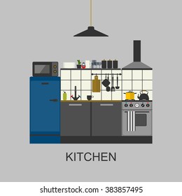 Kitchen with furniture.Vector flat illustration