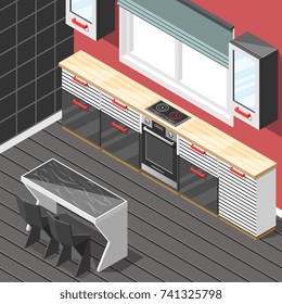 Kitchen futuristic interior hi-tech design with stripes on furniture as decor isometric background vector illustration