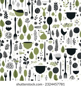 Kitchen Gadgets and Gardening Tools: Abstract Scandinavian Design Seamless Pattern Wallpaper Background 