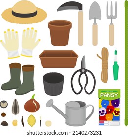 Kitchen garden tools and seed illustration set