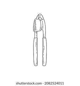 Kitchen garlic press household tool icon or symbol, sketch hand drawn vector illustration isolated on white background. Garlic press or crusher with long handles.