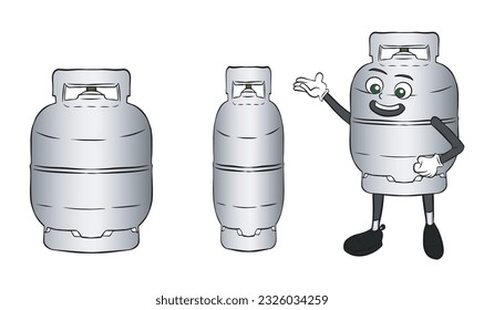 Kitchen gas cylinder mascot. Set of two gas cylinders and a happy and cute little mascot. Vector illustration isolated on white background.