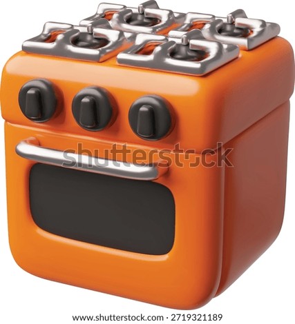 Kitchen gas or electric stove 3D plastic style icon. Orange stainless cooking appliance. Cartoon household or professional restaurant equipment. Vector render illustration isolated on white