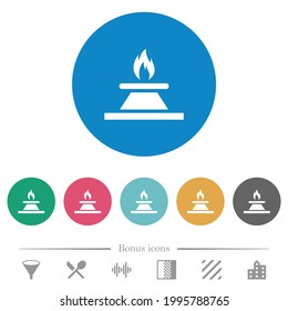 Kitchen gas stove flat white icons on round color backgrounds. 6 bonus icons included.