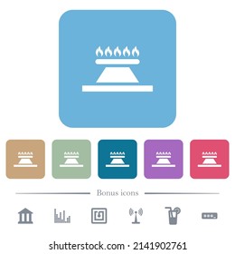 Kitchen gas stove white flat icons on color rounded square backgrounds. 6 bonus icons included