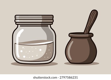 Kitchen glass jar filled with white powder sugar or salt next to a rustic wooden mortar with a pestle for culinary preparation.