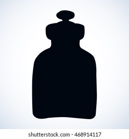 Kitchen glass old jug beaker with olive oil isolated on white background. Black ink hand drawing picture sketch in art retro engraving style pen on paper. View closeup with space for text on label
,