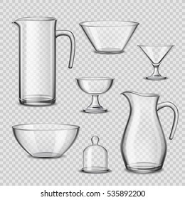 Kitchen glassware utensils collection of pitchers wine glasses bowels drinking accessories realistic side view transparent background vector illustration 