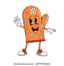 Kitchen glove retro groovy kitchenware and utensil character waving hand and smiling widely. Isolated cartoon vector friendly orange oven mitt personage with flower patterns wearing sporty shoes